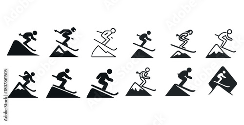 Monochrome minimalist skiing and snowboarding icon set on various slopes