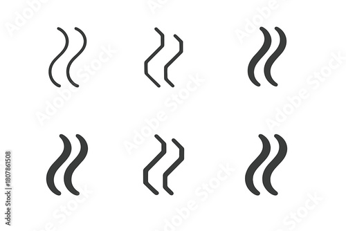 Steam Swirl Icons. Preparing a warm drink. Icon set. Set Logo of Steam Swirl: Wavy heat lines. Abstract geometric, Stylized detail, Minimal outline, Filled
