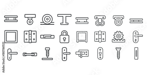 Line art set of mechanical parts and hardware icons for engineering and construction designs