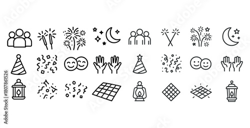 Simple celebratory icons with fireworks lanterns and festive elements