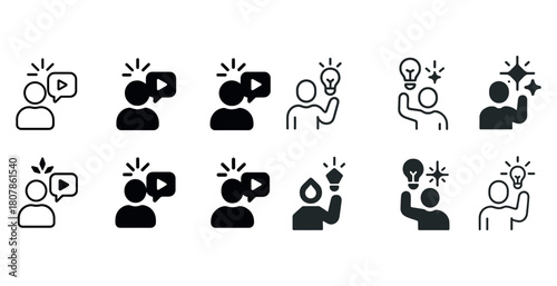 Icons of people sharing ideas and videos with lightbulbs and play buttons