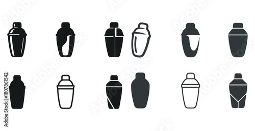 Set of various cocktail shaker icons in black and white designs