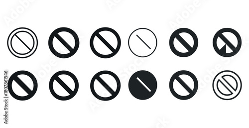 Set of prohibition warning signs in black circular shapes