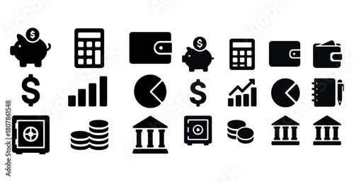 Financial icons collection: piggy bank, calculator, wallet, chart, coins, bank, safe