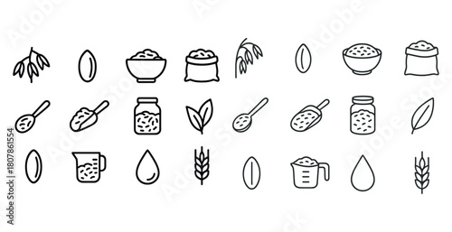 Set of oat, grain, and wheat icons: black and white line art