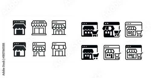 Monochrome e-commerce icons: web storefronts and shopping carts