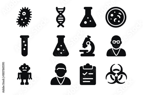Synthetic Organism Icons. Synthetic Organisms. Solid icon set of Synthetic Organisms: artificial cell, DNA strand, petri dish, test tube, lab flask,