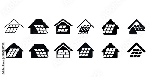 Set of black house icons with solar panels in various styles