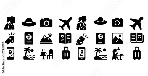 Travel icons collection: planes, luggage, passports, cameras, beaches, maps
