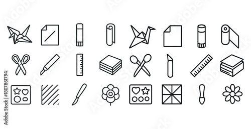 Simple line art icons of craft tools and supplies for creative projects