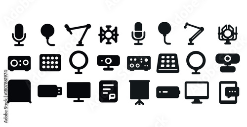 Audio and video equipment icons: microphones, cameras, and monitors in bold silhouette design