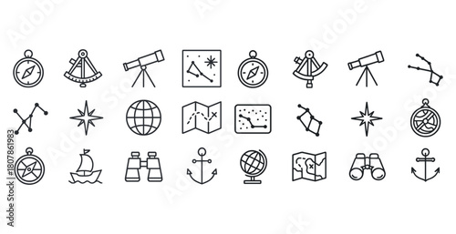 Nautical navigation icons: compass, telescope, and map designs
