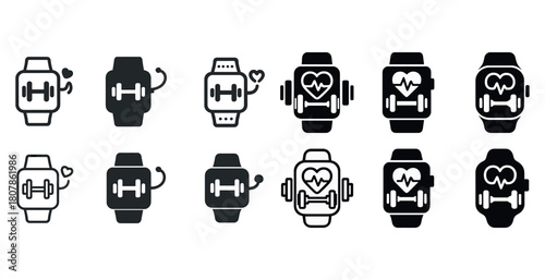 Fitness tracker icons with heart and dumbbell designs in various styles
