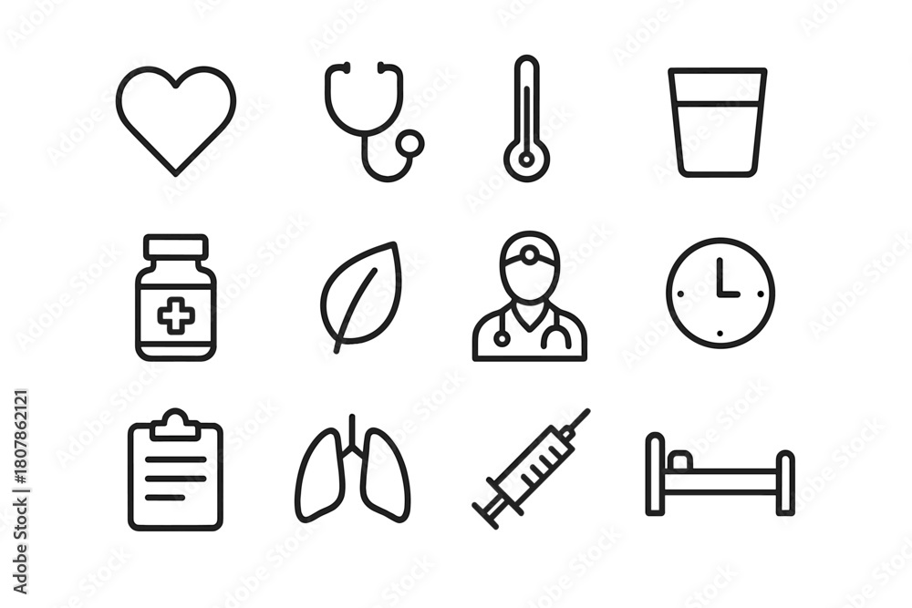 Obraz premium Personal Health Icons. Personal health. Line icon set of personal health: heart, stethoscope, thermometer, water glass, medicine bottle, leaf, doctor, clock,