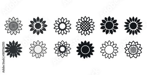 Set of black and white sunflower icons with varied petal designs