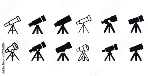 Collection of telescope icons in various styles on white background