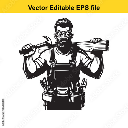 A muscular carpenter with a beard, wearing sunglasses and carrying a hammer and wooden plank on his shoulders isolated on