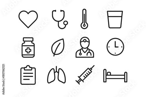 Personal Health Icons. Personal health. Line icon set of personal health: heart, stethoscope, thermometer, water glass, medicine bottle, leaf, doctor, clock,