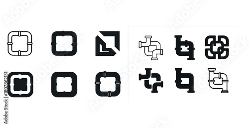 Black and white geometric pipe icon set in various designs