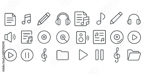 Minimalist music icons set: headphones, notes, cd, player, speaker, folder
