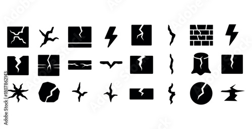 Collection of cracked and broken icon designs in black silhouettes