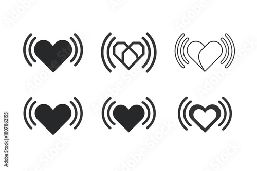 Connected Hearts Icons. Distance in relationship. Icon set. Set Logo of distance in relationship: connected hearts by signal waves. harmonious logo variations