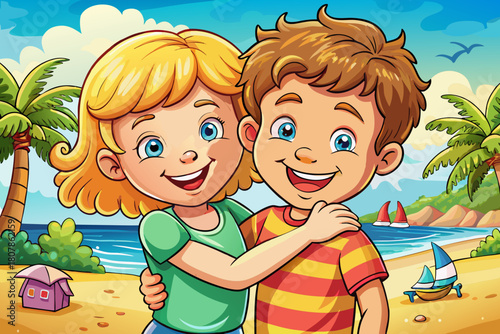 Happy siblings hugging outdoors on summer vacation, smiling boy and girl enjoying family bonding, playful childhood moment captured on sunny beach, warm emotional portrait celebrating love, togetherne