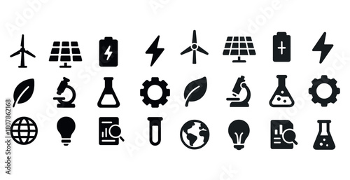 Sustainable energy and science icons: wind, solar, battery, microscopes, and more