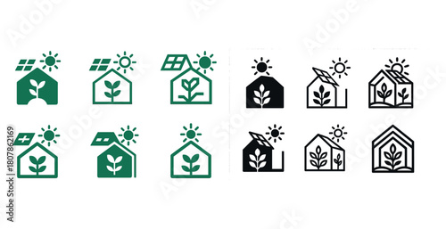 Eco-friendly greenhouses with solar panels and plant growth symbols