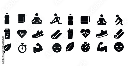 Fitness icon set featuring exercise, yoga, and wellness elements