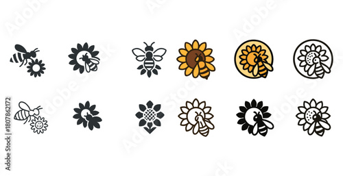 Bee and sunflower icons collection in various styles and colors