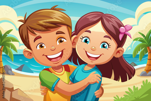 Happy siblings hugging outdoors on summer vacation, smiling boy and girl enjoying family bonding, playful childhood moment captured on sunny beach, warm emotional portrait celebrating love, togetherne