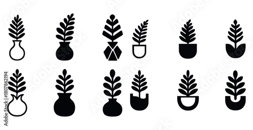 Minimalist black and white potted plant icons collection