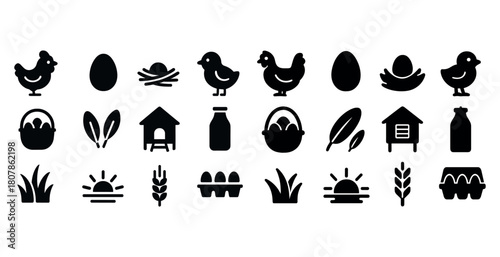 Set of chicken and egg icons: chickens, eggs, nests, and farming symbols in black