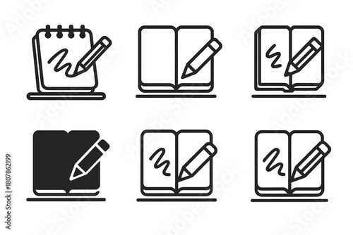 Sketchbook Icon Variations. Sketchbook and pencil on desk. Icon set. Set Logo of sketchbook and pencil on desk: hand drawing in notebook. harmonious logo