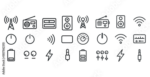 Minimalist audio and radio icon set featuring wireless and speaker symbols