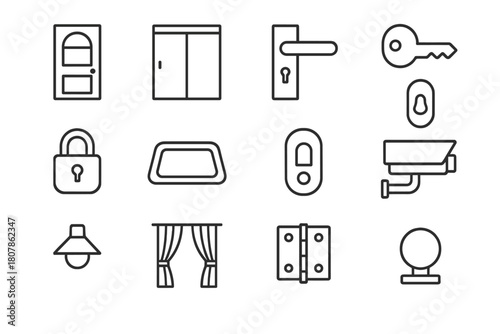 Home Entryway Icons. Home entryways. Line icon set of home entryways: front door, sliding door, handle, key, lock, mat, doorbell, security camera, light,