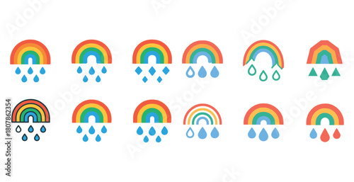 Colorful rainbow weather icons depicting various precipitation patterns