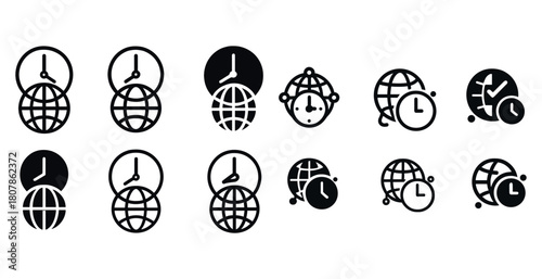 Set of clock and globe icons representing global time zones and connectivity