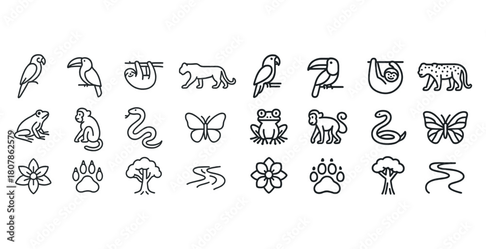Fototapeta premium Minimalist animal icon set: birds, mammals, reptiles, plants, tracks, butterflies