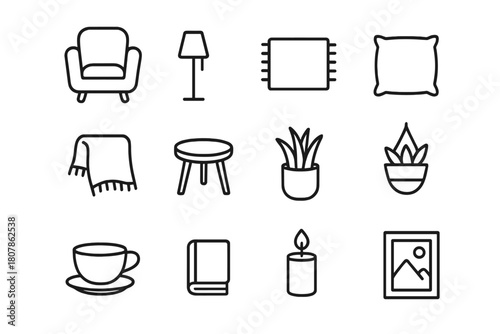 Indoor Relaxation Icons. Indoor relaxation setup. Line icon set of indoor relaxation setup: armchair, floor lamp, rug, cushion, blanket, small table, potted