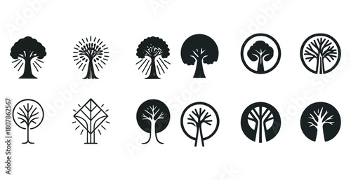 Collection of abstract tree icons and logo designs in black and white