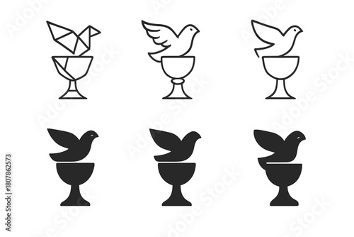 Communion Logo Variations. Holy communion. Icon set. Set Logo of holy communion: dove above chalice. harmonious logo variations of the same emblematic concept,