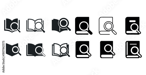 Magnifying glass icons on books: various styles and formats