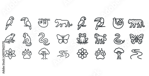 Minimalist animal icon set: birds, mammals, reptiles, plants, tracks, butterflies