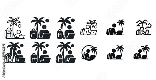 Nomad icons collection: remote work and travel under palm trees