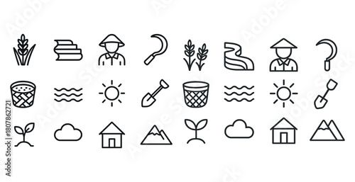 Simple farming and nature icon set with farmer tools and plants