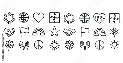 Set of simple line icons: community, peace, unity, nature, symbols