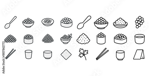 Minimalist line art: asian cuisine icons including rice, chopsticks, bowls