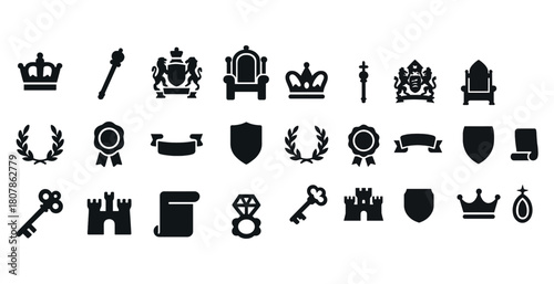 Collection of royal symbols: crowns, shields, thrones, laurels, keys, castles